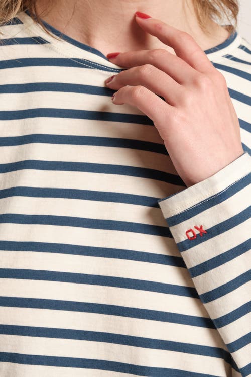 Frances Valentine Striped Pima Cotton Crewneck Top In Oyster/navy