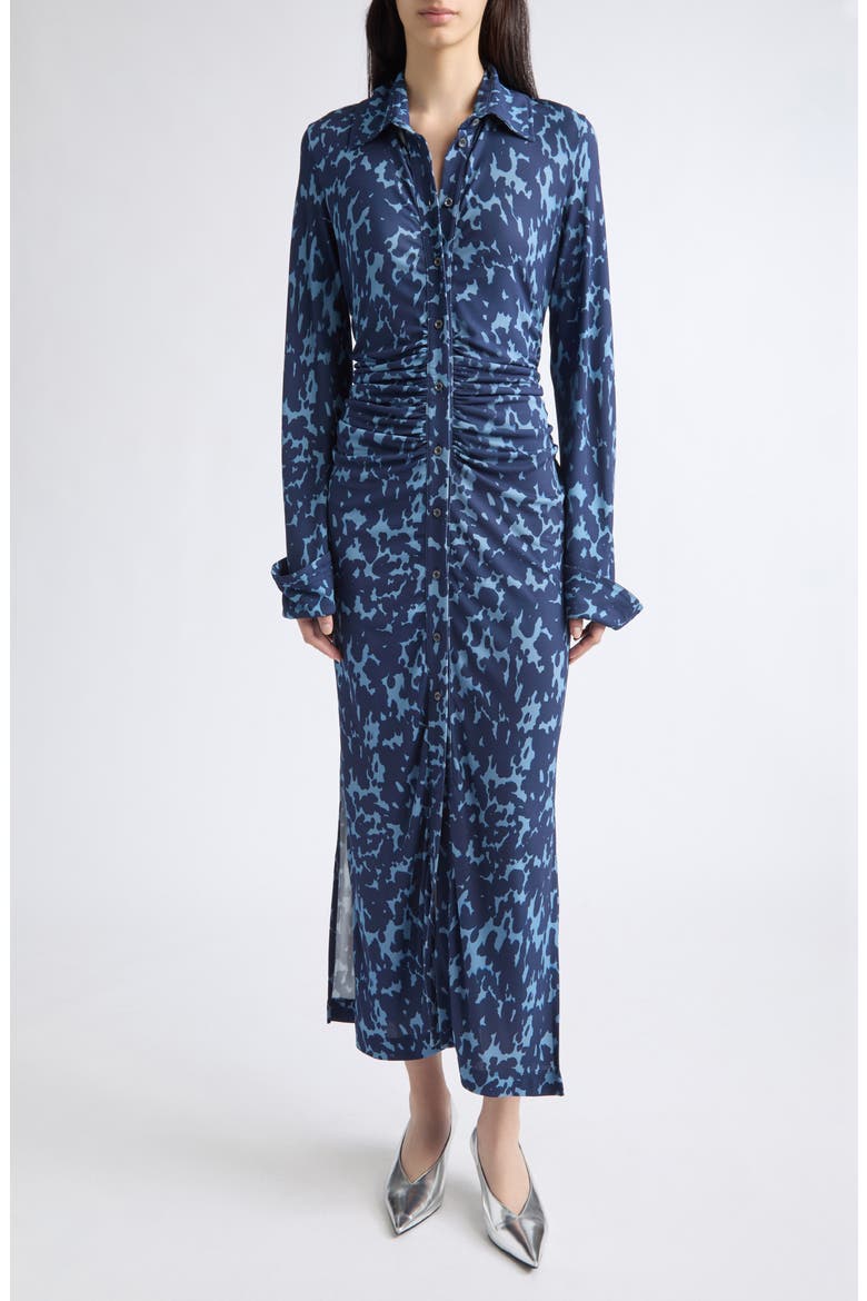 Claudia Print Ruched Long Sleeve Jersey Shirtdress, Main, color, ASH BLUE TORTOISE