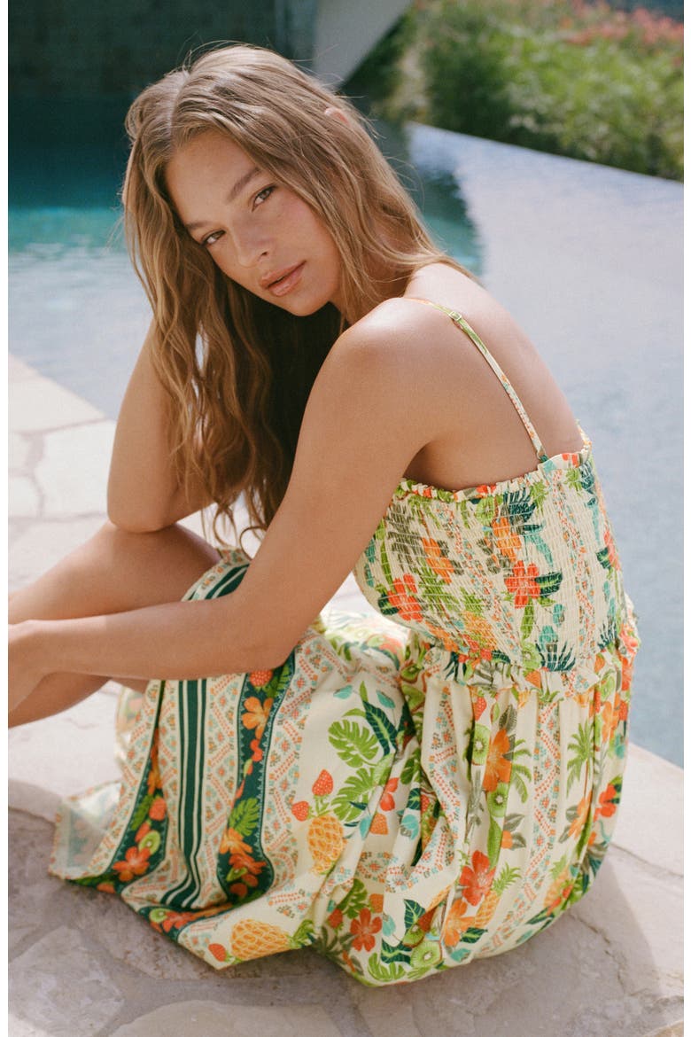 Tropical Print Smocked Midi Dress, Alternate, color, ORANGE