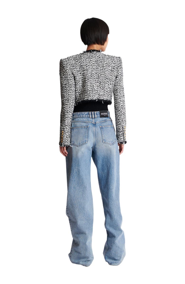 Balmain Cropped Tweed Jacket, Alternate, color, Black