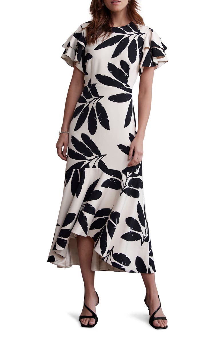 MINT VELVET Neutral Palm Print Midi Dress, Alternate, color, 