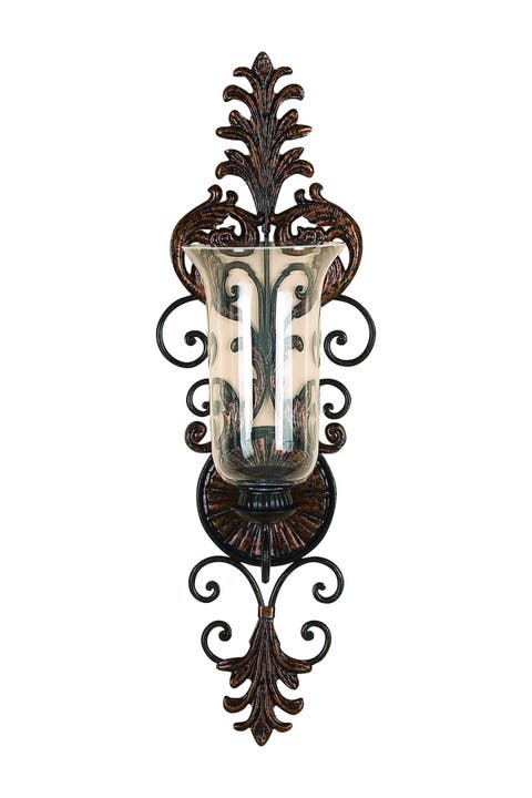 Bronze Glass Wall Sconce with Scroll Designs