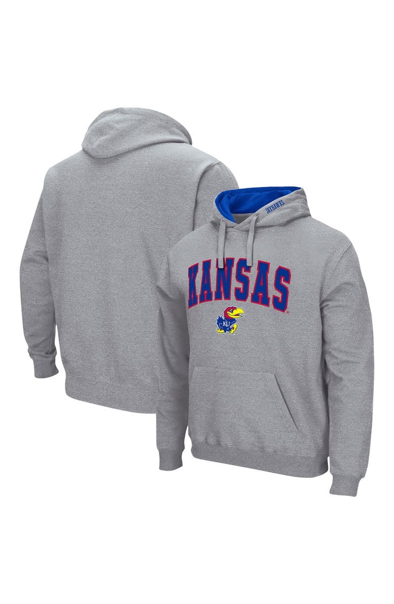 COLOSSEUM Men's Colosseum Heather Gray Kansas Jayhawks Arch & Logo 3.0 Pullover Hoodie, Alternate, color, Heather Gray