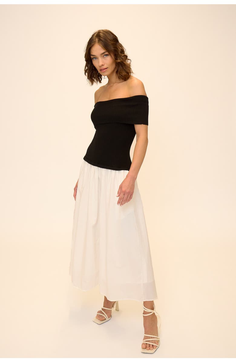 Central Park West Darcy Mixed Media Off Shoulder Dress, Main, color, Black/White