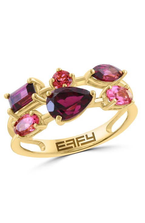 14K Yellow Gold Multi Shape Rhodolite & Pink Tourmaline Band Ring