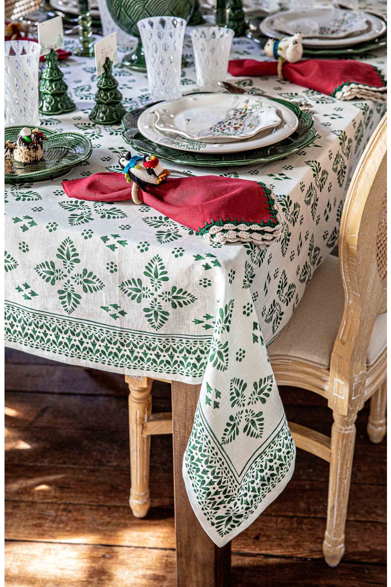 Iberian Border Linen Tablecloth, Alternate, color, EVERGREEN