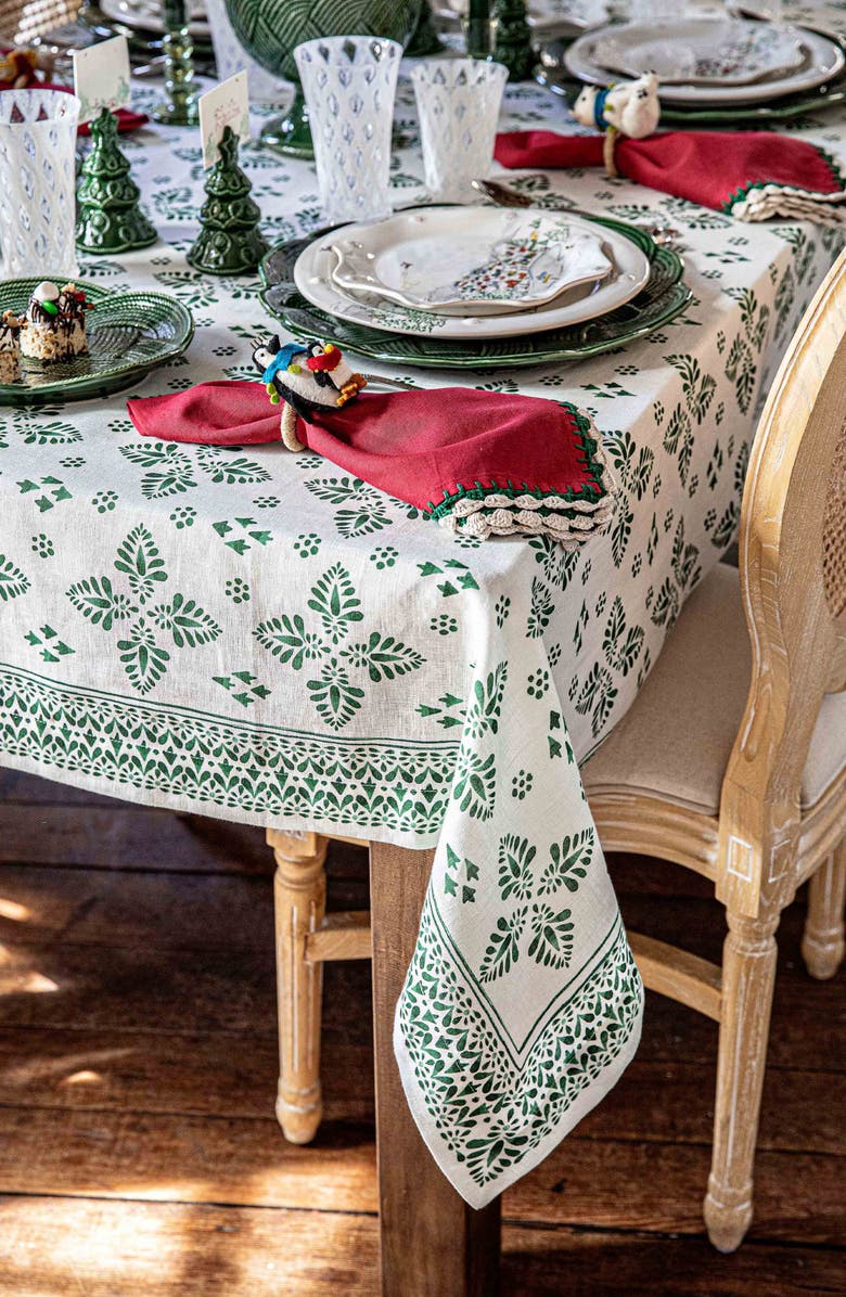 Juliska Iberian Border Linen Tablecloth, Alternate, color, Evergreen