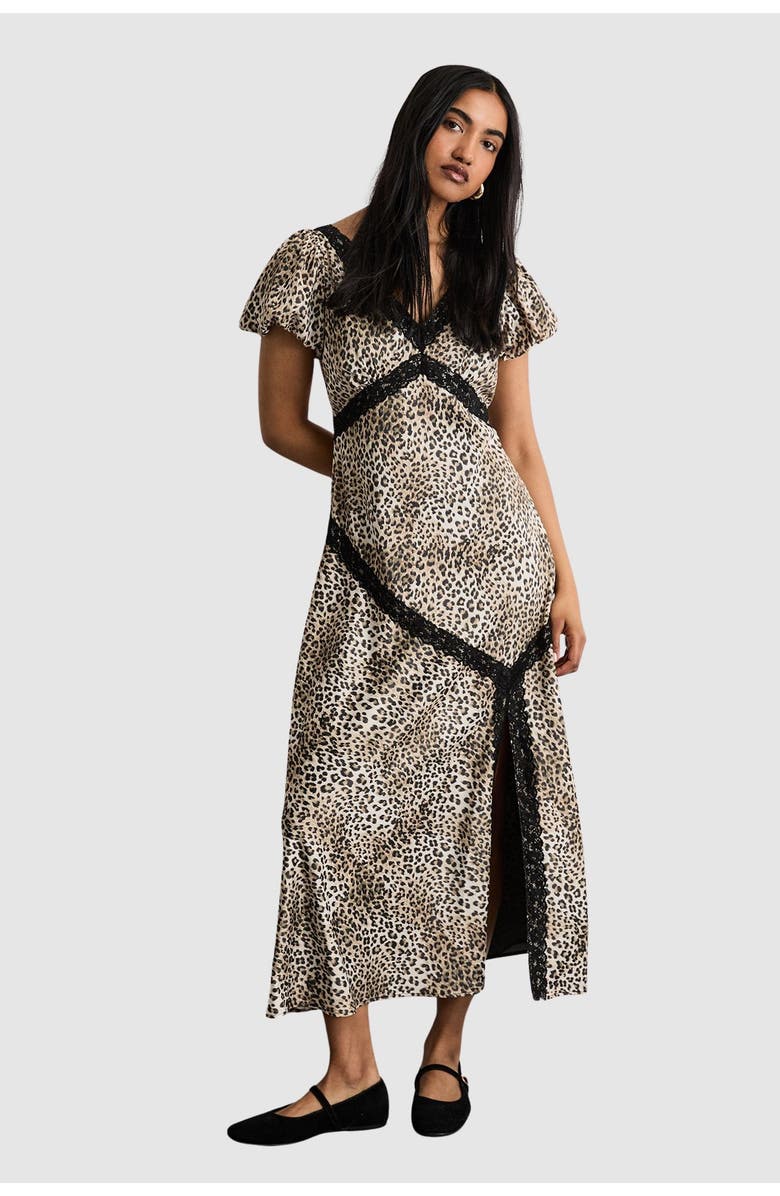 Warehouse Printed Puff Sleeve Midi Dress, Main, color, Animal