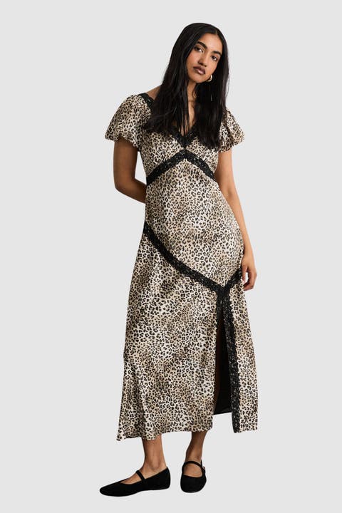 Printed Puff Sleeve Midi Dress
