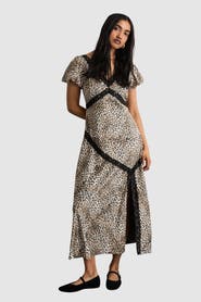 Warehouse Printed Puff Sleeve Midi Dress