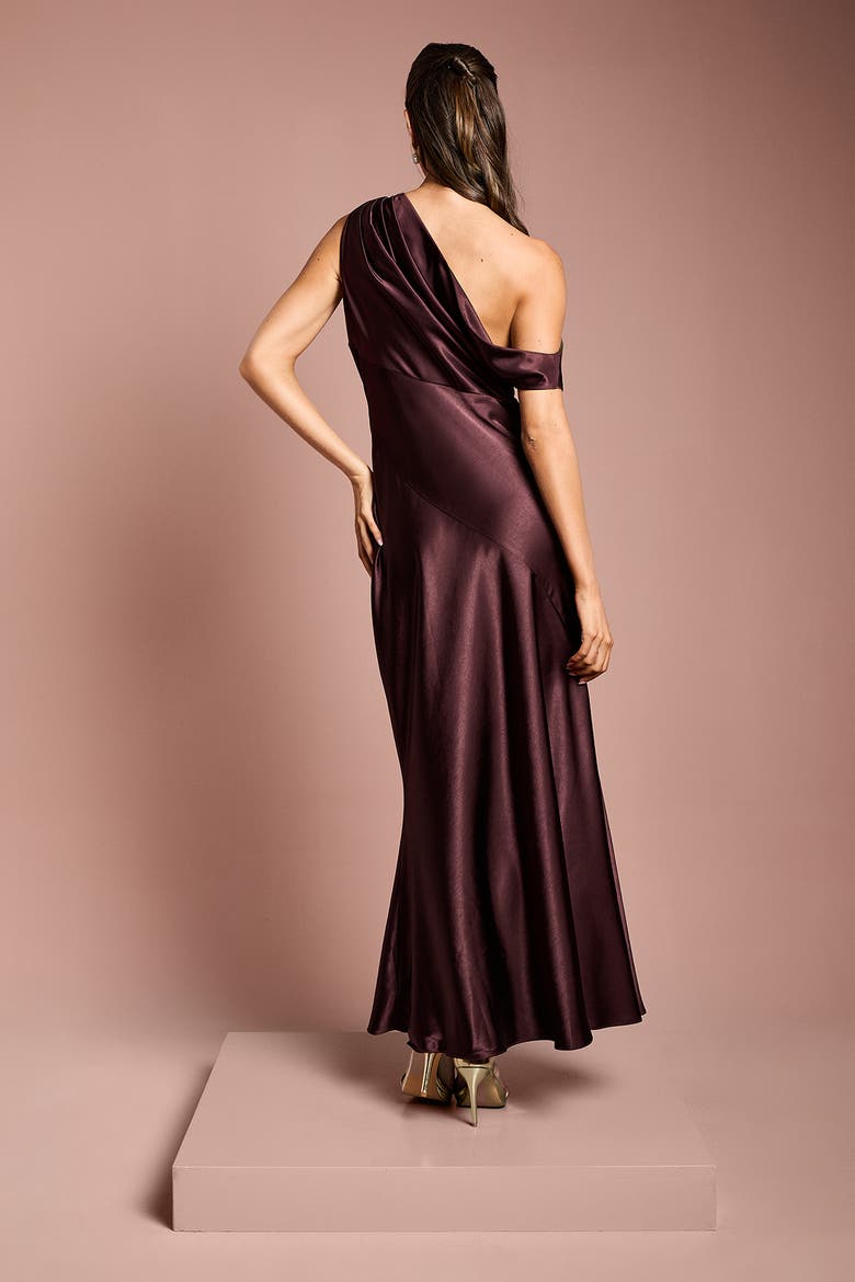 Satin One Shoulder Fishtail Maxi Dress, Alternate, color, Espresso