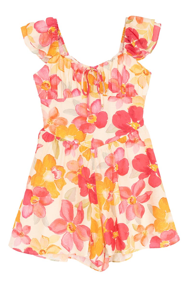 Rare Editions Kids' Floral Ruched Romper, Main, color, Orange