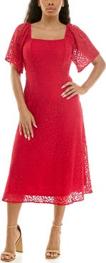 Nina Leonard Flutter Sleeve Lace MIdi Dress