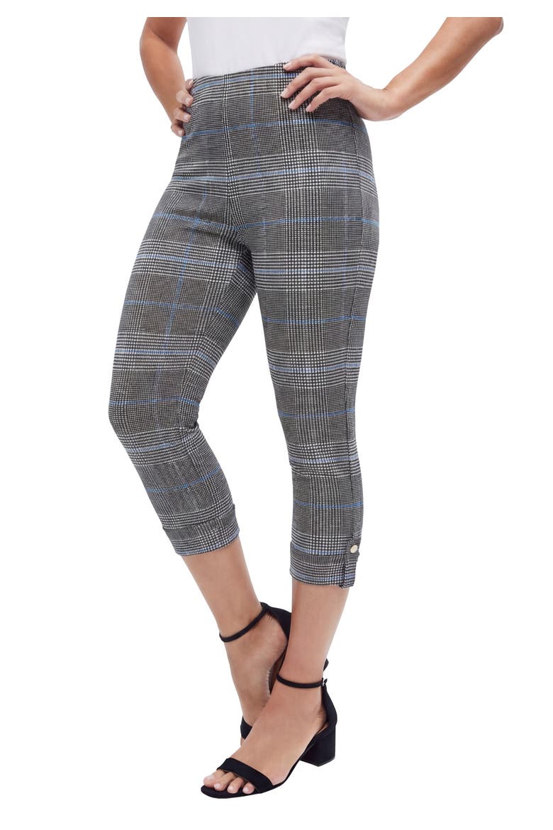 Stretch Cotton Cuff Button Capri Legging, Main, color, BLACK BLUE PLAID