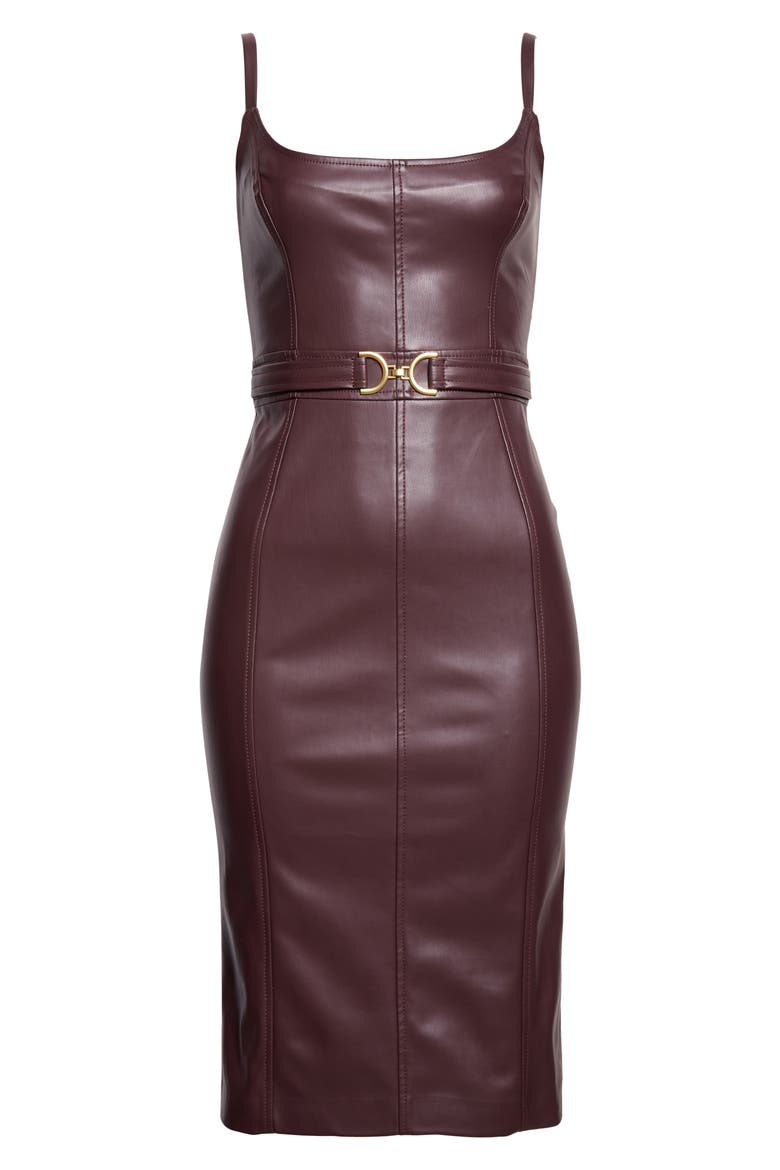 Halia Belted Faux Leather Midi Dress, Alternate, color, DARK MALBEC