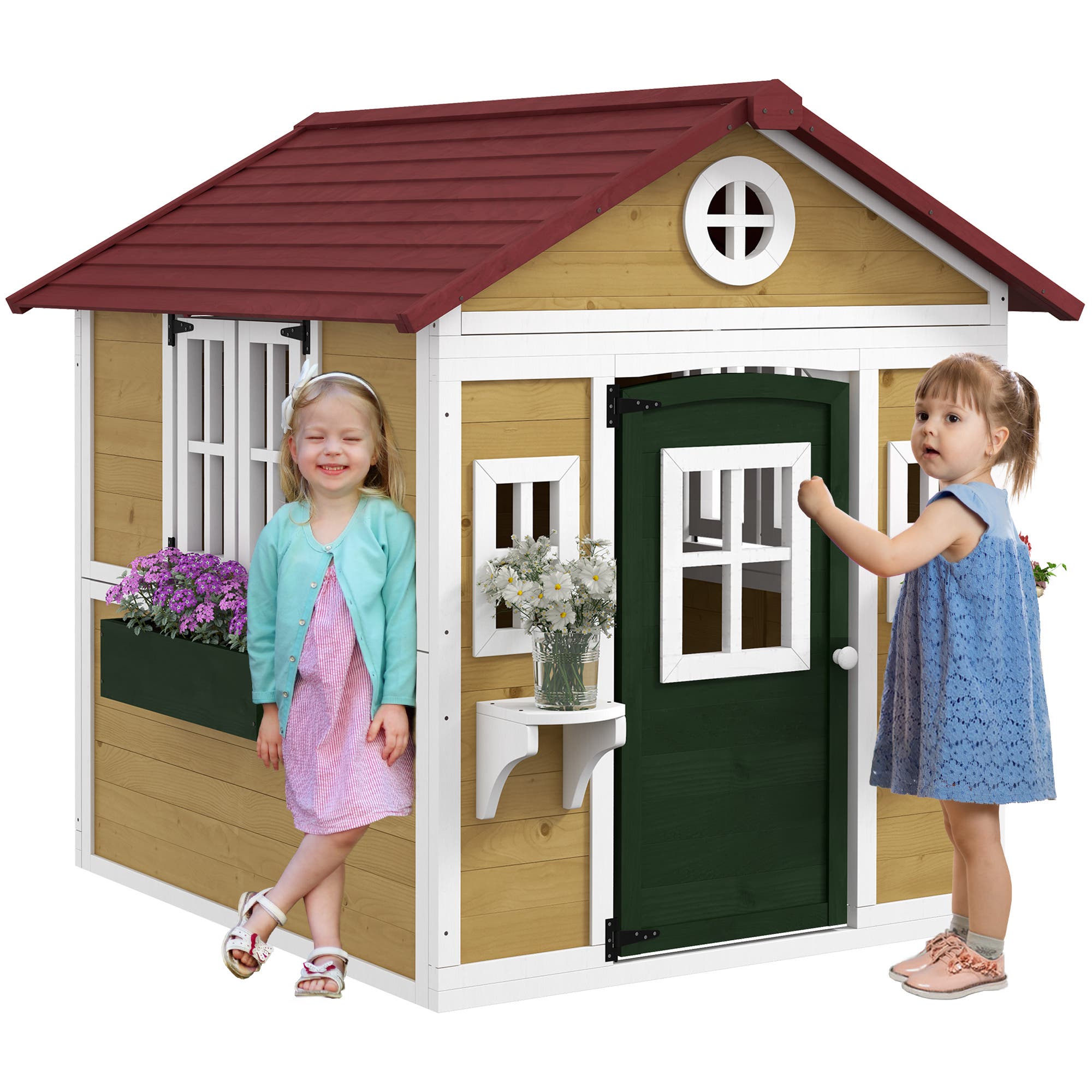 Outsunny Playhouse for Kids with Doors, Windows, Planter Pots, Indoor/Outdoor Use in Beige 