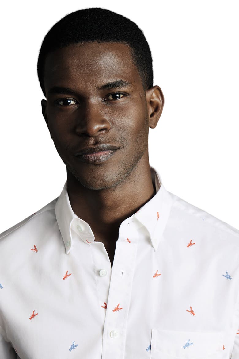 Slim Fit Multi Button-Down Collar Non-Iron Lobster Print Short Sleeve Shirt, Alternate, color, Orange