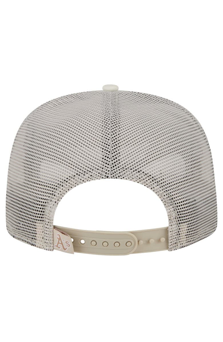 New Era Men's New Era Khaki Oakland Athletics Almost Friday A-Frame 9FIFTY Trucker Snapback Hat, Alternate, color,