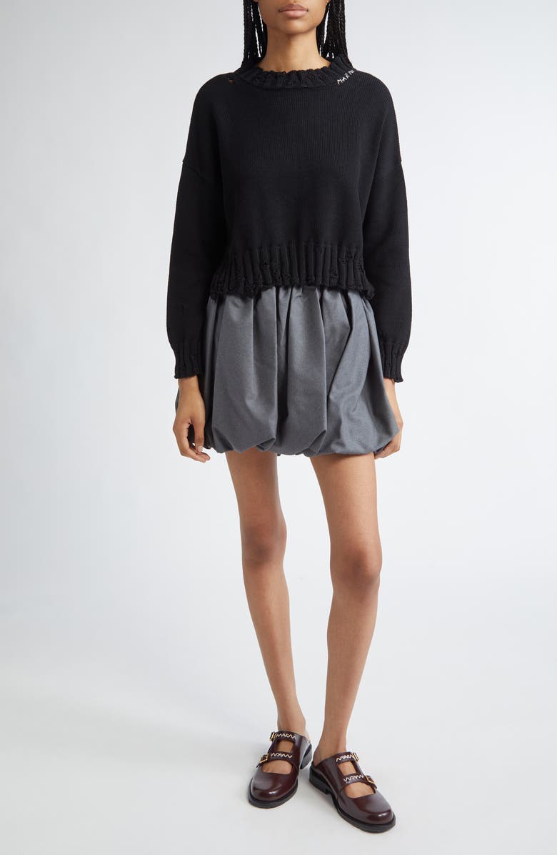 Marni Distressed Embroidered Logo Cotton Sweater, Alternate, color, Black