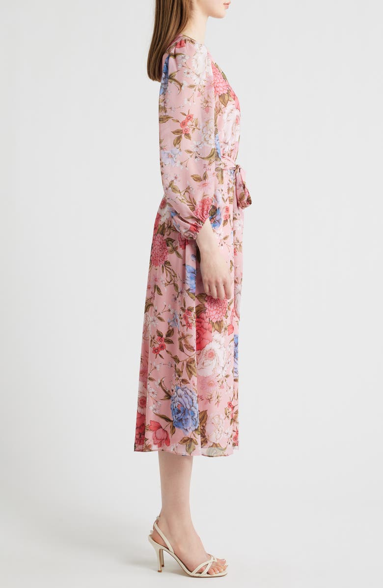 Anne Klein Floral Print Tie Waist Midi Dress, Alternate, color, Calypso Coral Multi