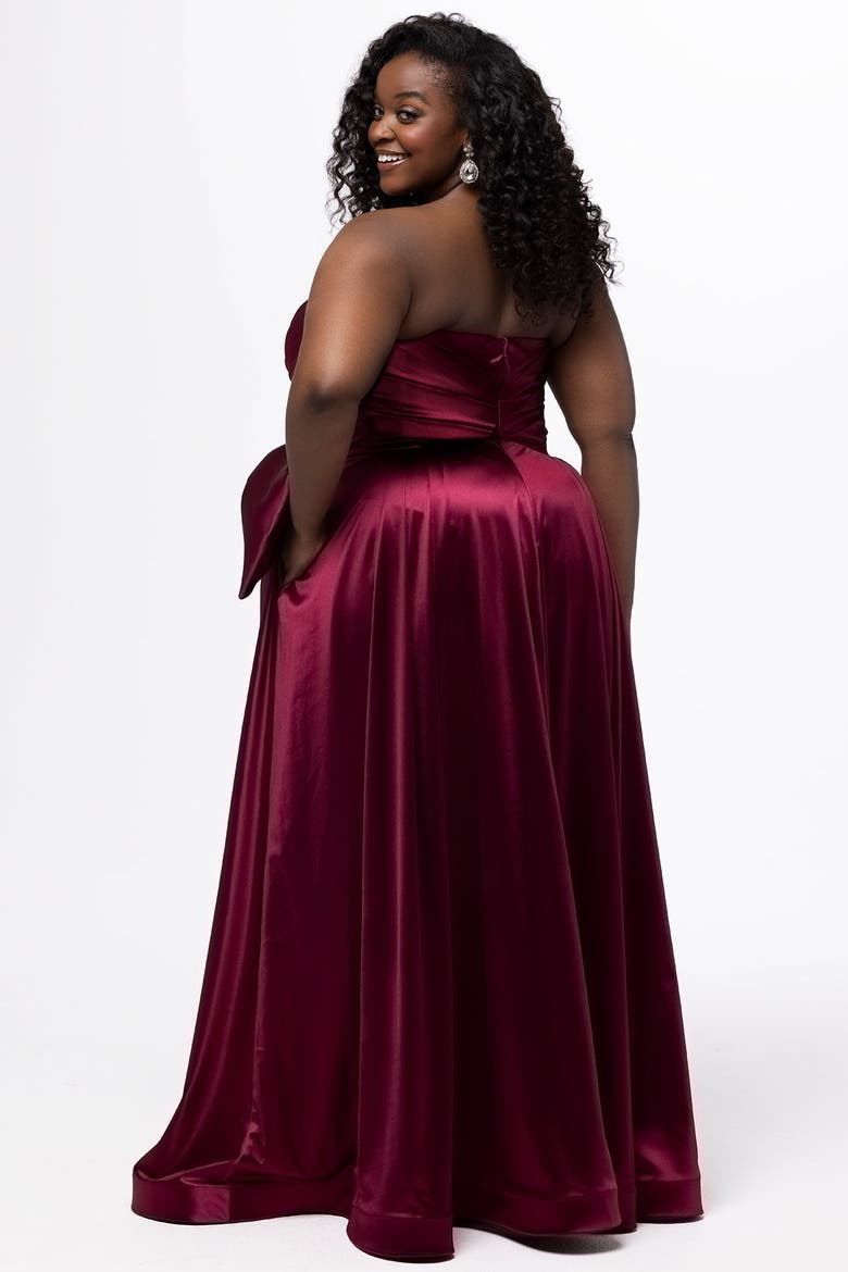 Satin A-Line Curvy Formal Dress with Detachable Bow, Alternate, color, Wine