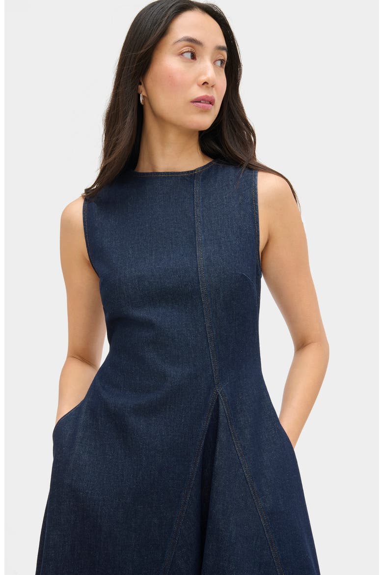 Liberty Asymmetric Sleeveless Stretch Organic Cotton Denim Midi Dress, Alternate, color, INDIGO