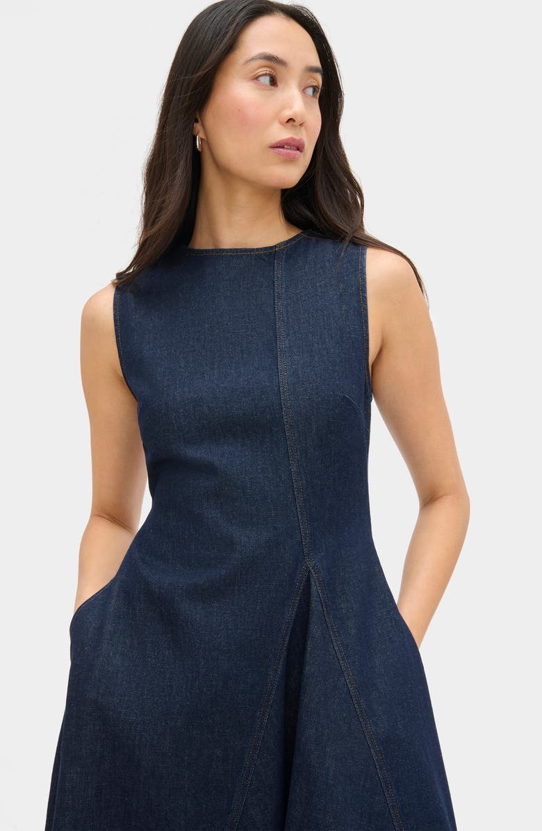 ALIGNE Liberty Asymmetric Sleeveless Stretch Organic Cotton Denim Midi Dress, Alternate, color, Indigo