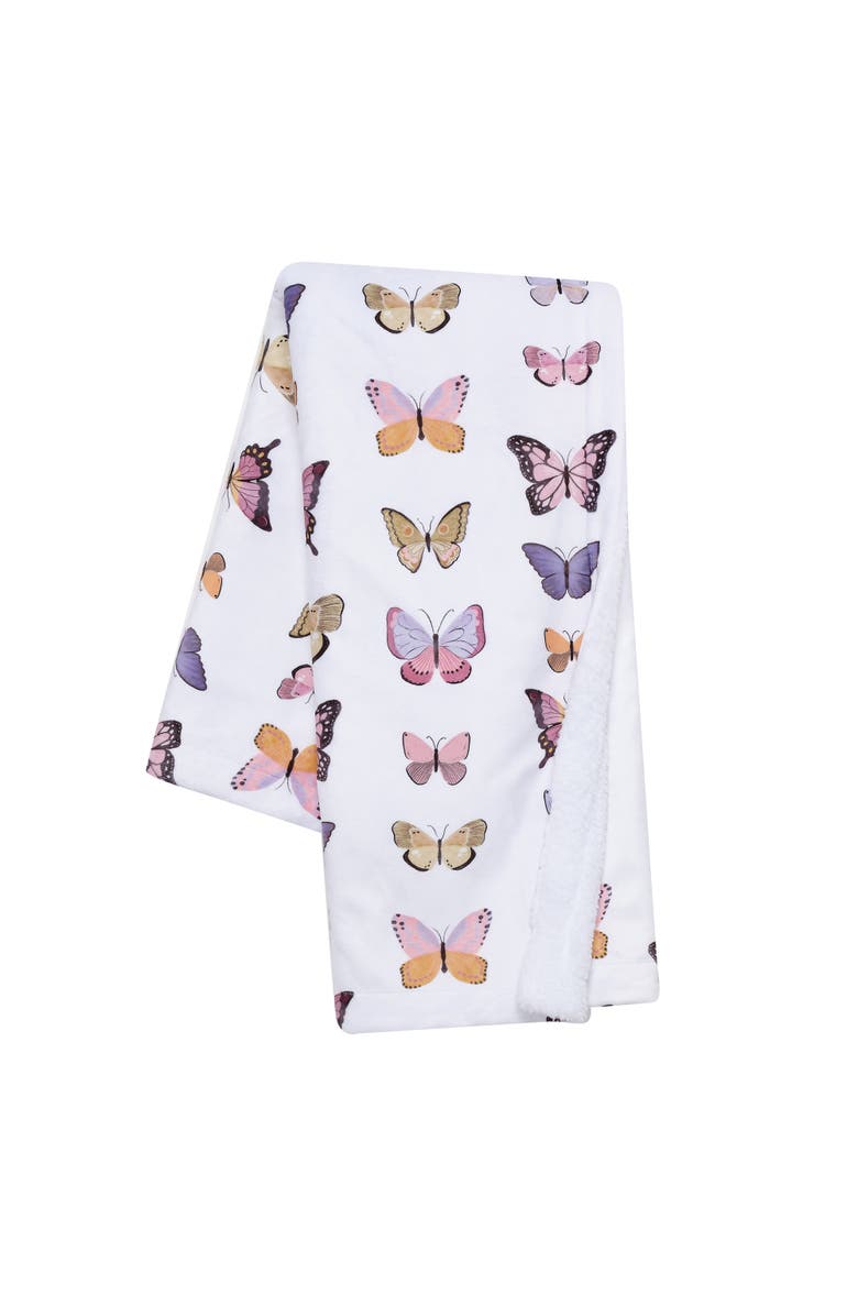 Lambs & Ivy Butterfly Dreams Ultra-Soft Fleece/Faux Shearling Baby Blanket, Main, color, White