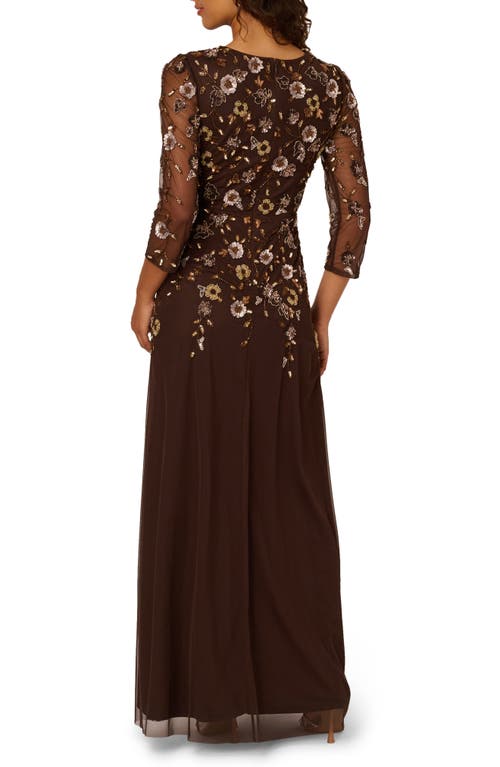 Adrianna Papell Beaded Mesh Gown In Brown