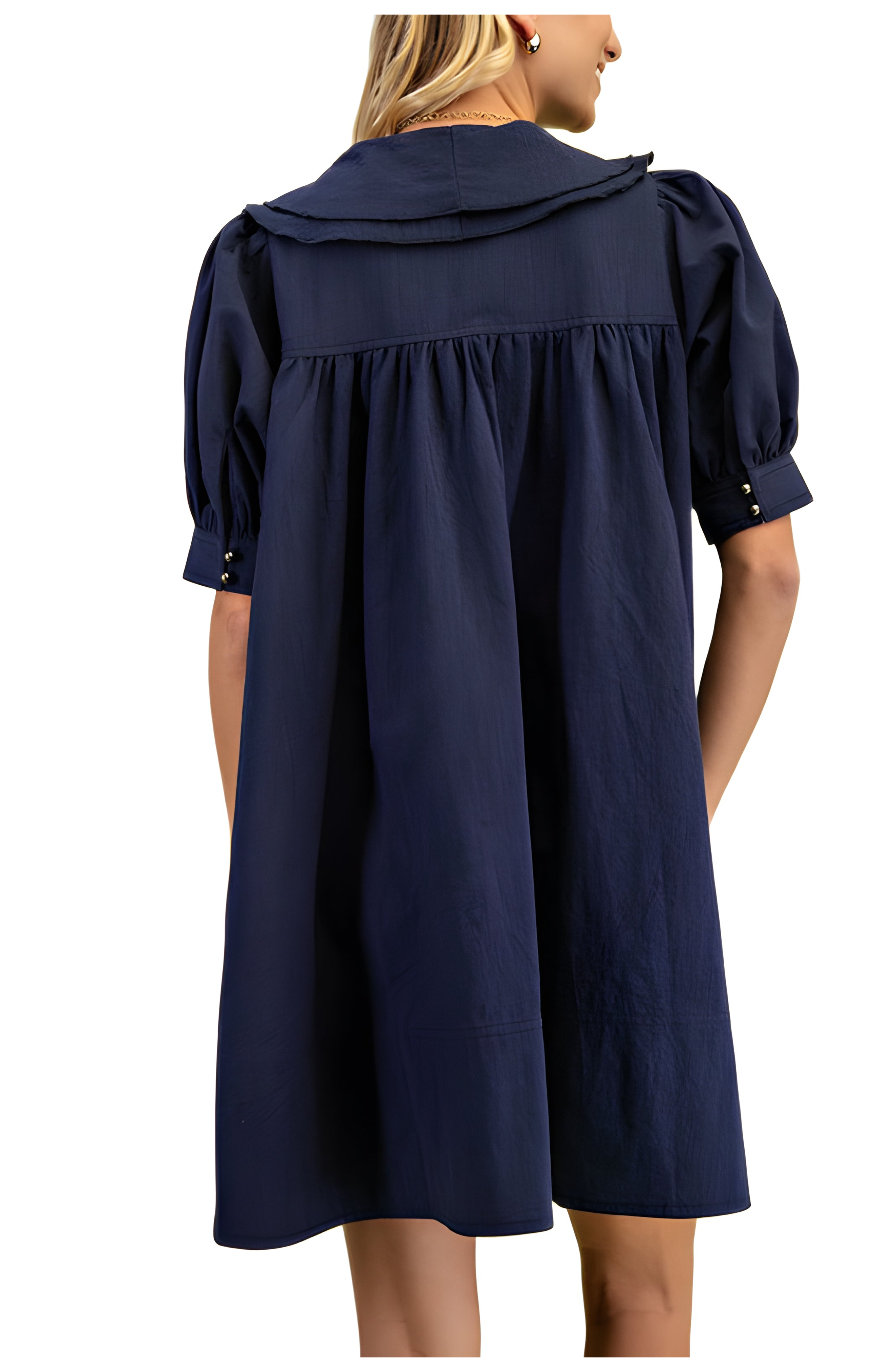 Swing Dress with Rolled Sleeves and Oversized Bow Detail - image 2