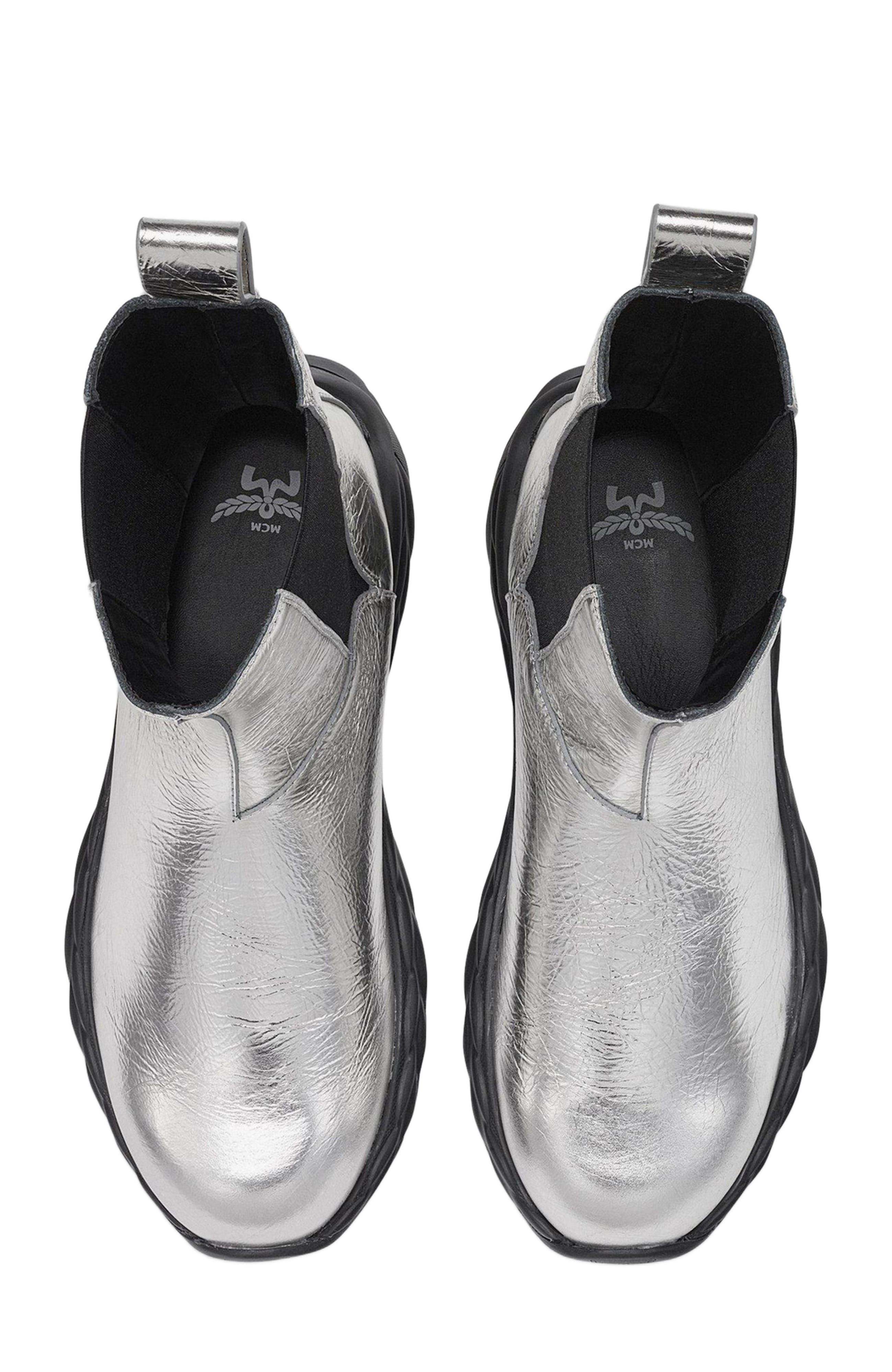 MCM Skywander Boots in Metallic Calf Leather, Alternate, color, Silver