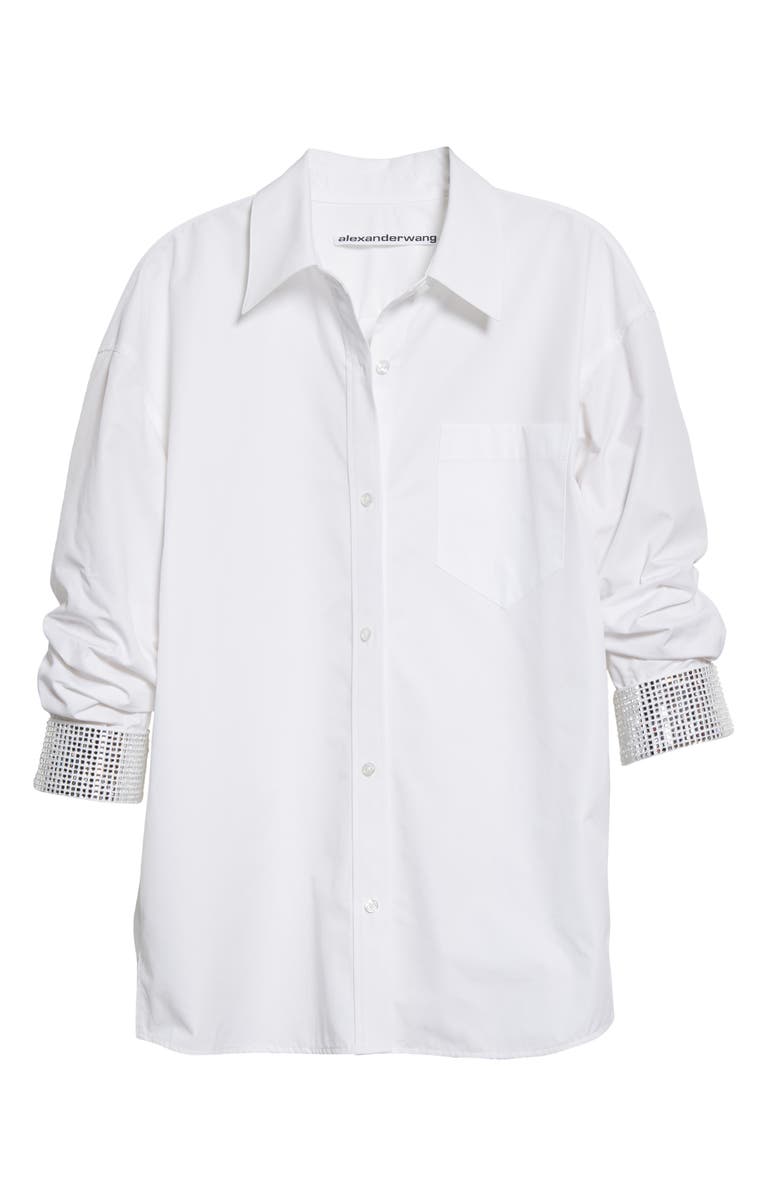 Alexander Wang Athena Oversize Crystal Cuff Cotton Poplin Button-Up Shirt, Alternate, color, 