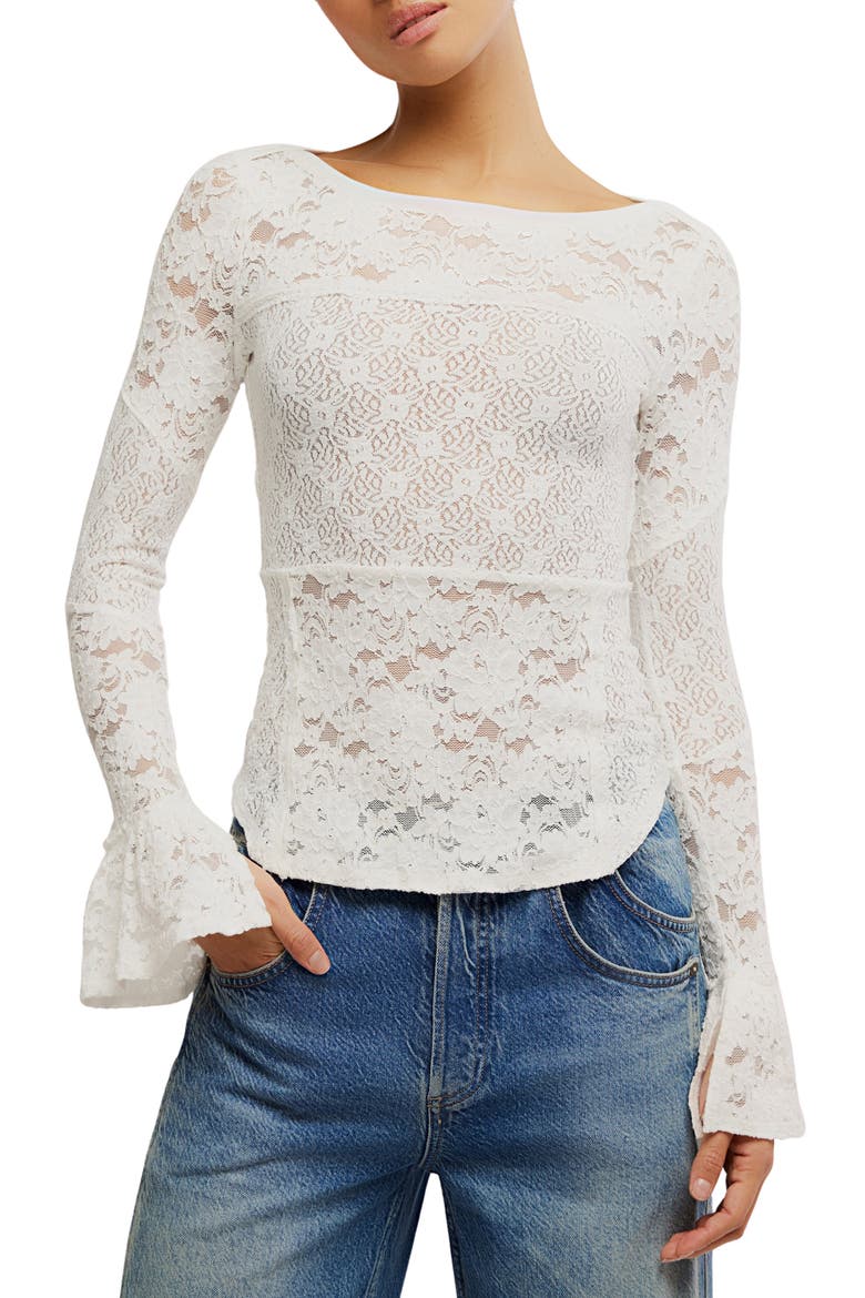 Bell Sleeve Sheer Cotton Blend Lace Top, Main, color, SUGAR SWIZZLE