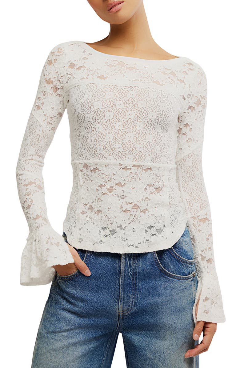 Free People Bell Sleeve Sheer Cotton Blend Lace Top, Main, color, Sugar Swizzle