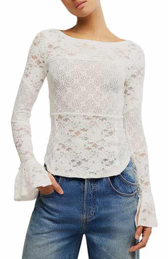 Free People Bell Sleeve Sheer Cotton Blend Lace Top