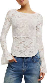 Free People Bell Sleeve Sheer Cotton Blend Lace Top