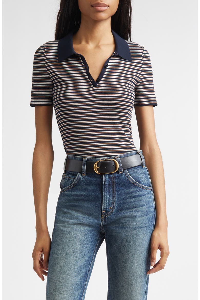 Gemmatta Stripe Cotton Rib Polo, Main, color, DARK NAVY/ BROWN STRIPE