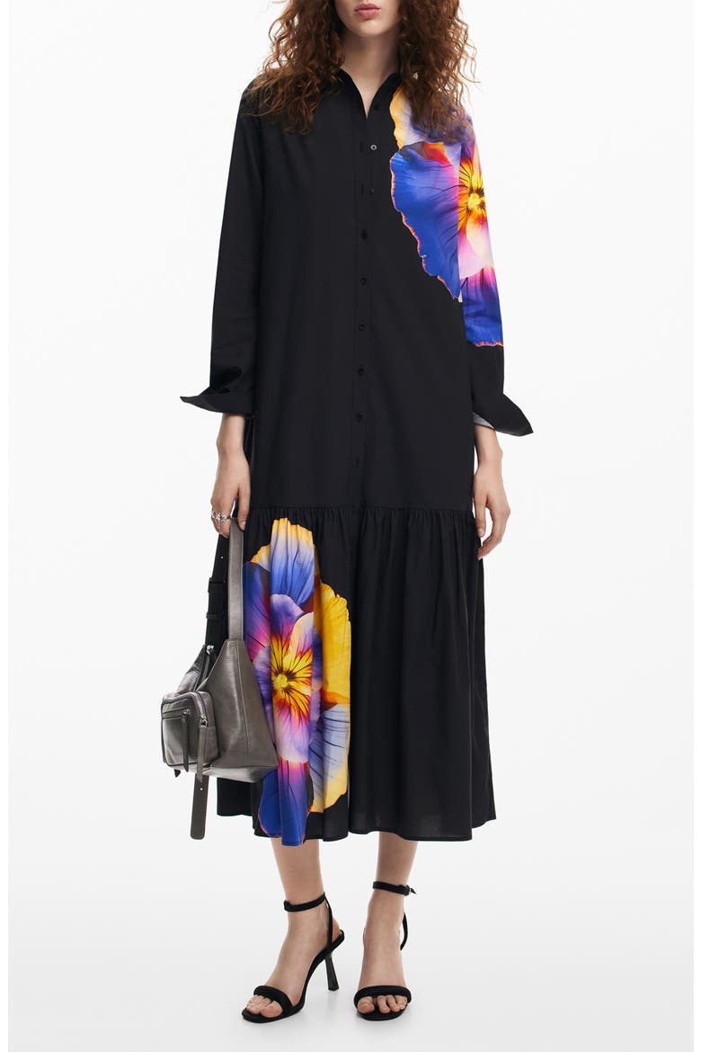 Pensamiento Floral Print Long Sleeve Shirtdress, Main, color, BLACK