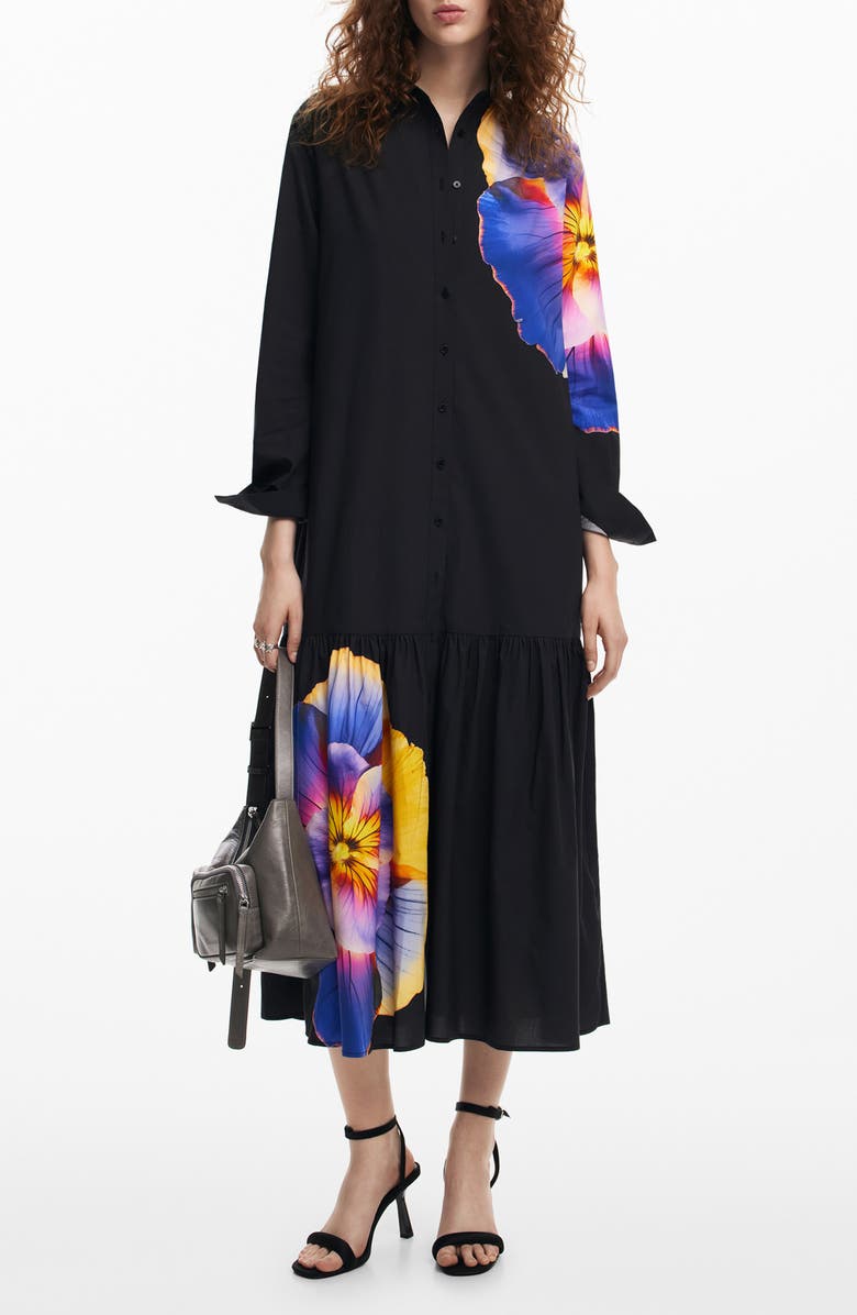Desigual Pensamiento Floral Print Long Sleeve Shirtdress, Main, color,