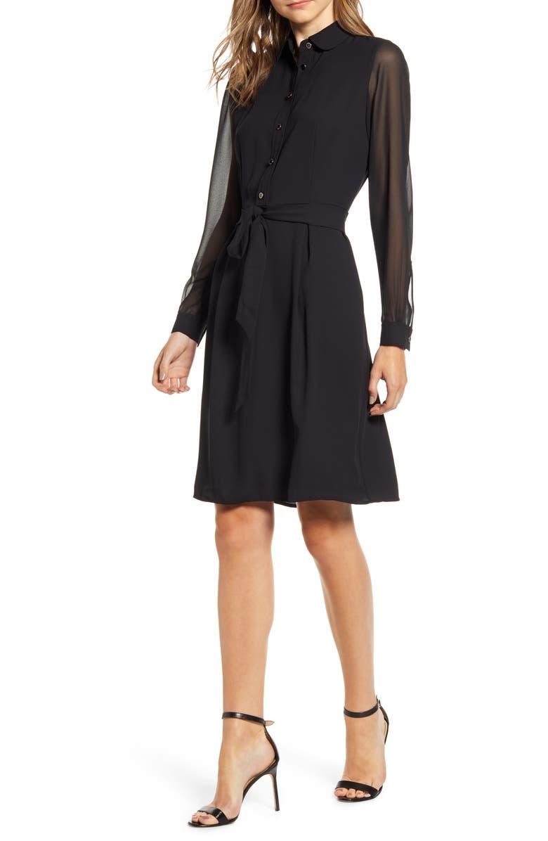 Anne Klein Long Sleeve Chiffon & Crepe Shirtdress, Main, color, 