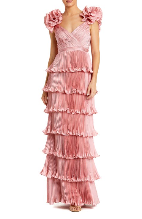 Pleated Charmeuse Tiered Gown With Ruffle Straps
