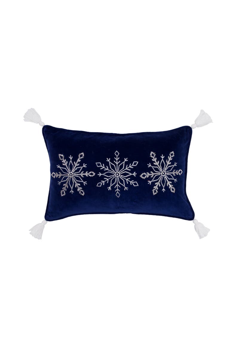 Embellished Woven Snowflake on Blue Velvet on Lumbar Throw Pillow 14" x 22", Main, color, Blue