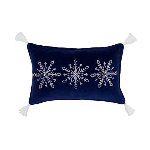Embellished Woven Snowflake on Blue Velvet on Lumbar Throw Pillow 14" x 22"