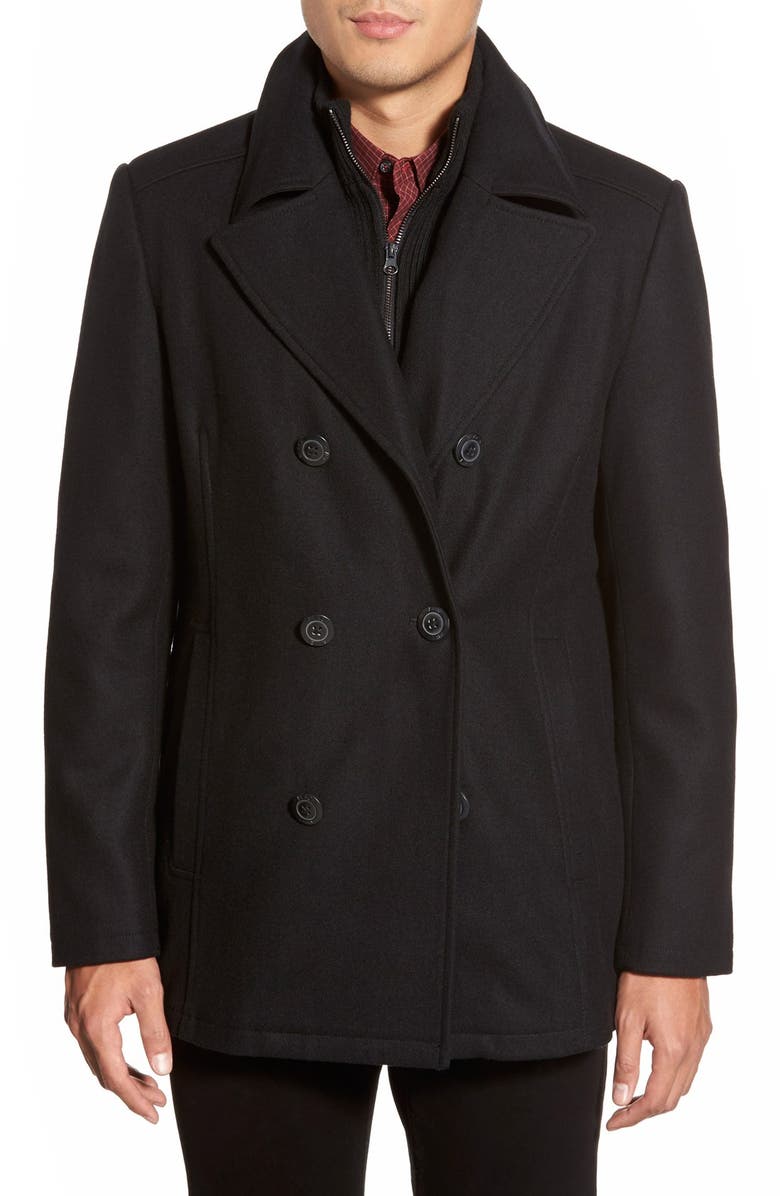 Black Rivet Double Breasted Wool Blend Peacoat, Main, color,
