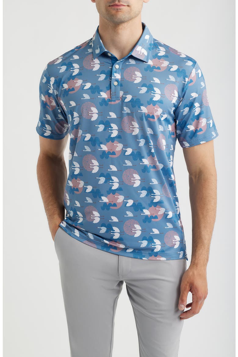 Windward Bird Print Performance Golf Polo, Main, color, BLUE SHADOW
