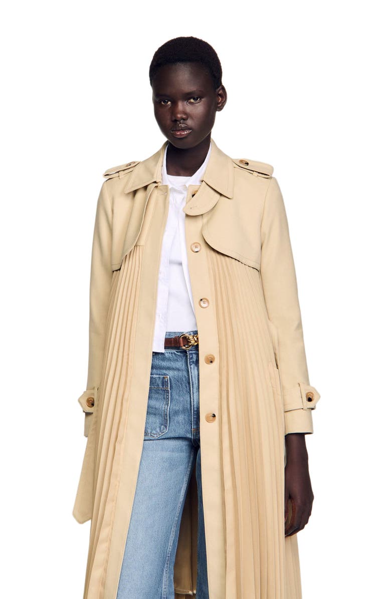 SANDRO Pleated trench coat with belt, Alternate, color, Beige