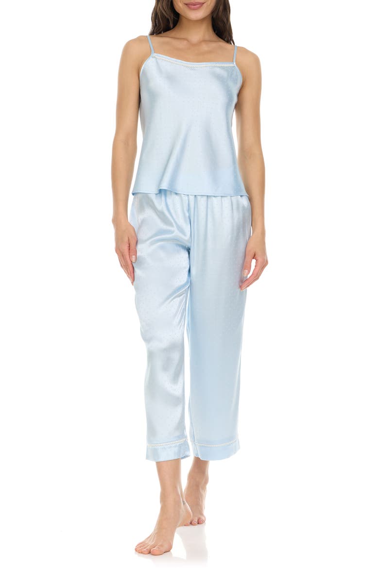 Jamie Pin Dot Satin Capri Pajamas with Faux Pearl Trim, Main, color, ICE BLUE
