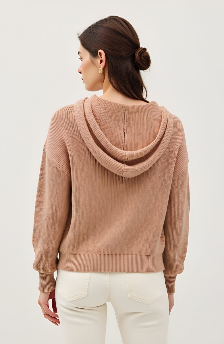 Modenaire Knit Button Front Hoodie with Ribbed Hem and Drop Shoulders, Alternate, color, Light Beige