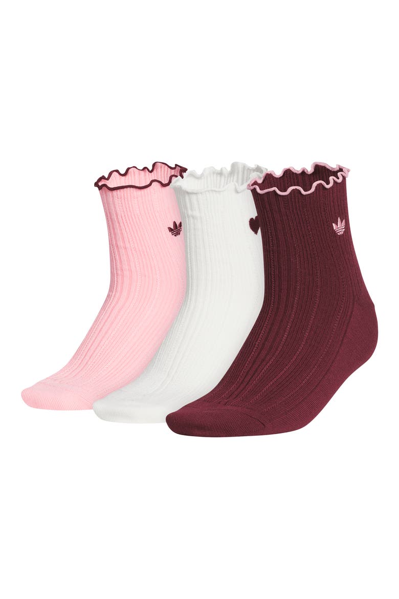 Gender Inclusive Valentines Assorted 3-Pack Lettuce Edge Ruffle Quarter Socks, Main, color, SHADOW RED/ PINK/ OFF WHITE