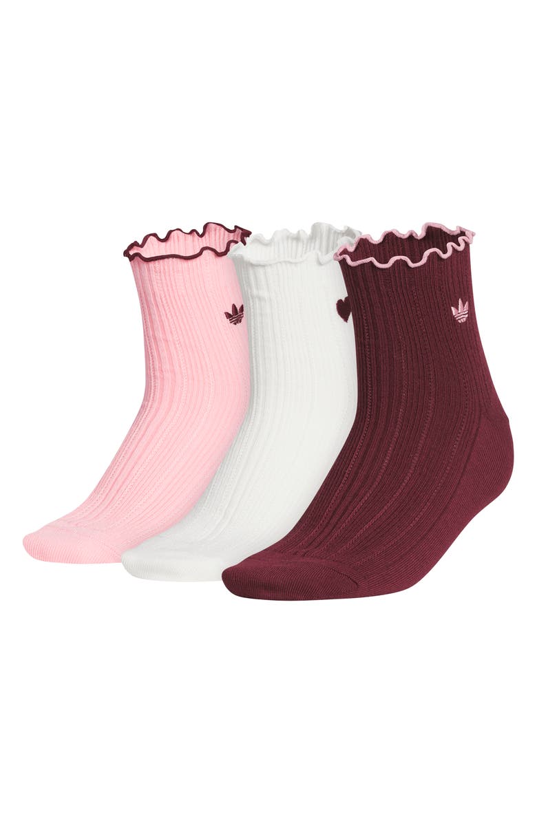 adidas Gender Inclusive Valentines Assorted 3-Pack Lettuce Edge Ruffle Quarter Socks, Main, color, Shadow Red/ Pink/ Off White